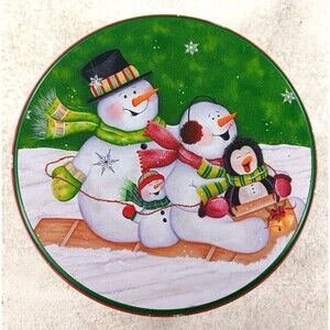 Christmas Tin Snowmen Sledding 5" Holiday Small Round by Lindy Brown